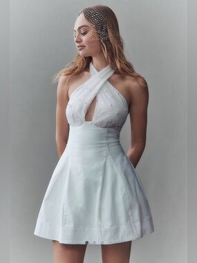 BHLDN HALTER PEARL-EMBELLISHED MINI DRESS
